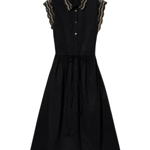 Abito chemisier lungo nero in popeline con pizzo bicolore