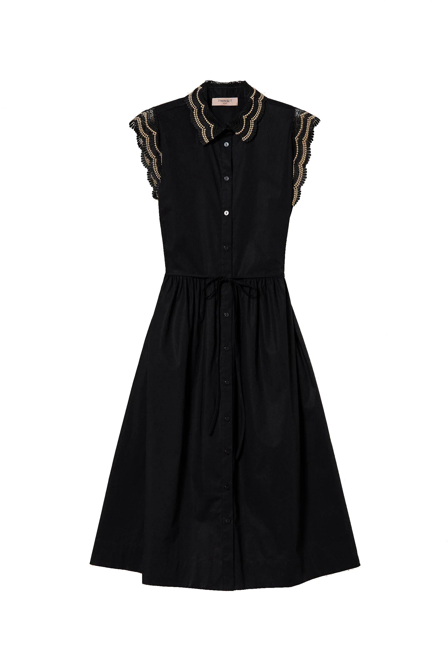 Abito chemisier lungo nero in popeline con pizzo bicolore