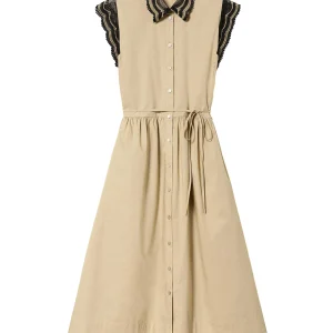 Abito chemisier lungo beige in popeline con pizzo bicolore