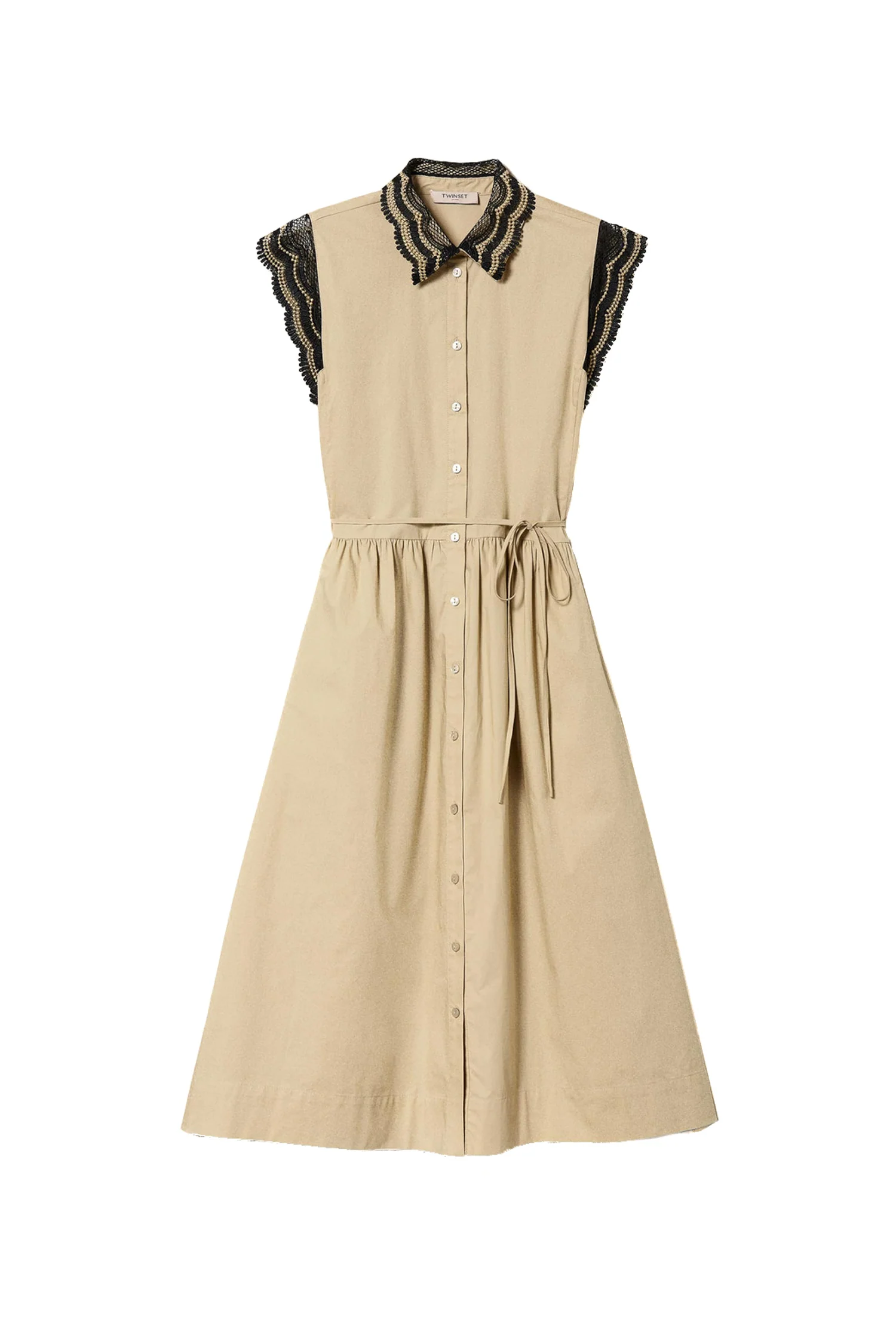 Abito chemisier lungo beige in popeline con pizzo bicolore