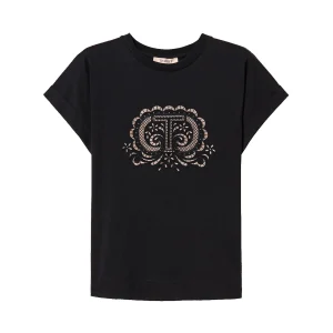 T-shirt nera con ricamo Oval T bicolore