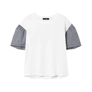 T-shirt regular bianca con maniche Vichy bicolor