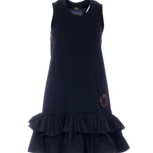 Abito corto nero in cotone con balze