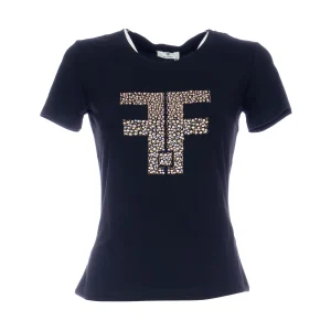 T-shirt regular nera in jersey stretch con strass