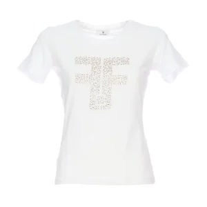 T-shirt regular bianca in jersey stretch con strass