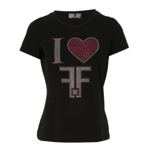 T-shirt regular nera in jersey con strass