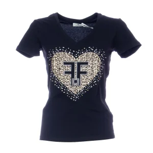 T-shirt regular nera in jersey stretch con strass