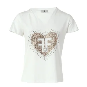 T-shirt regular bianca in jersey stretch con strass