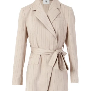 Blazer regular lungo sabbia in tessuto gessato