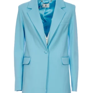 Blazer regular lungo monopetto azzurro in tessuto tecnico