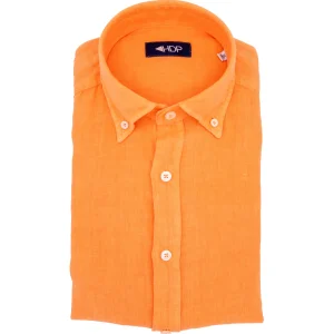 Camicia slim button down arancio in lino