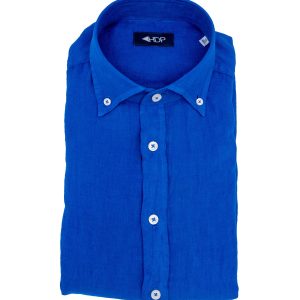 Camicia slim button down blu in lino