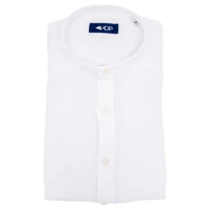 Camicia slim bianca in lino con collo coreano