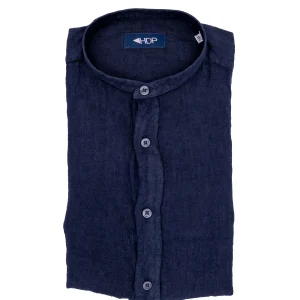 Camicia slim blu notte in lino con collo coreano