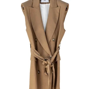 Gilet doppiopetto lungo militare senza maniche in misto lino