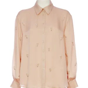 Camicia rosa antico in raso di viscosa con ricamo perle