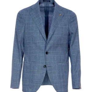 Giacca due bottoni tartan azzurro sfoderata in lana