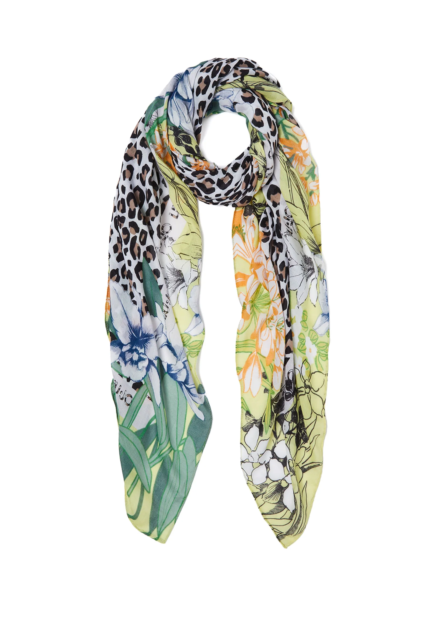 Foulard giallo con stampa floreale animalier