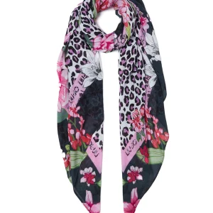 Foulard nero con stampa floreale animalier