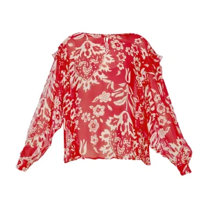Blusa rossa in misto seta stampata