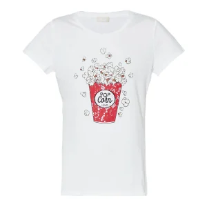 T-shirt bianca in cotone stretch con stampa popcorn e applicazioni