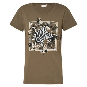 T-shirt verde in cotone stretch con stampa zebra e applicazioni