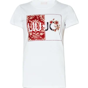 T-shirt bianca in cotone con stampa LIU JO e applicazioni