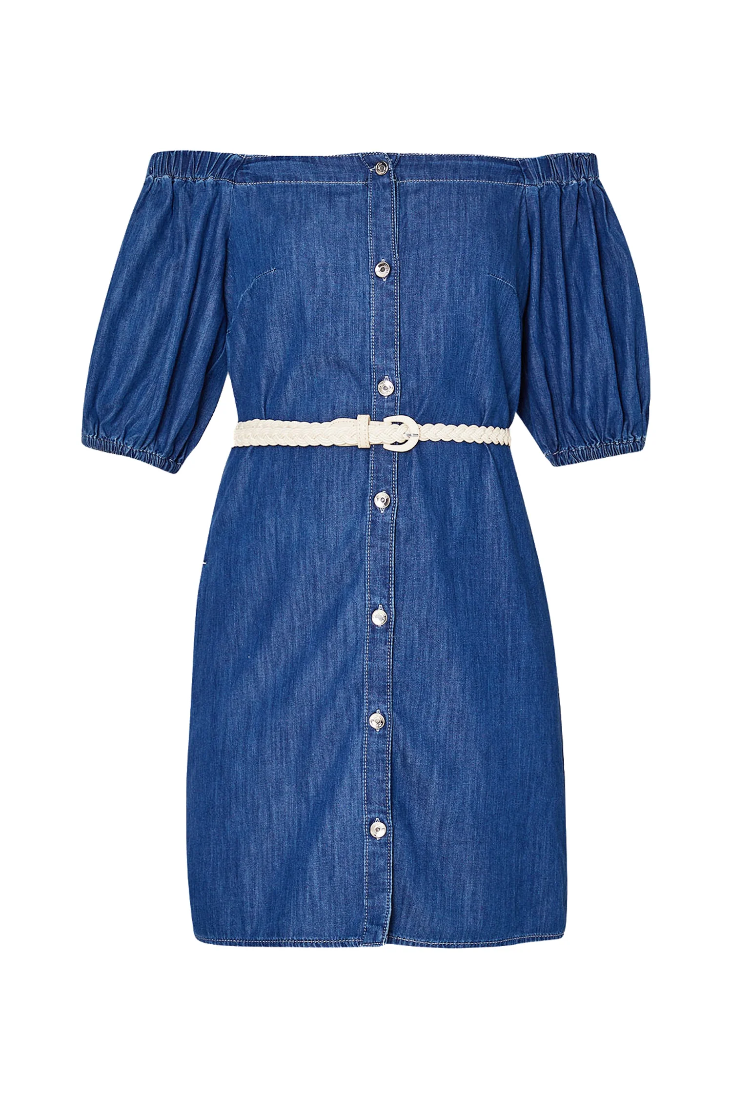 Vestito corto in denim con scollo bardot