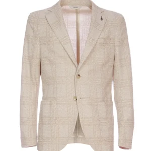 Giacca fantasia beige due bottoni sfoderata in misto cotone e lino