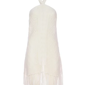 Top off white senza maniche in maglia con frange