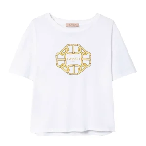 T-shirt bianca con stampa catene e Oval T