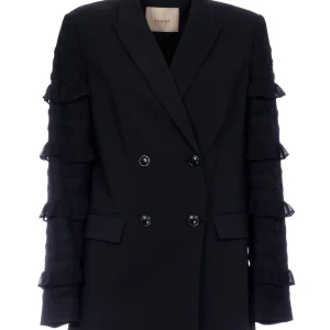 Giacca doppiopetto nera con applicazioni in pizzo