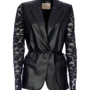 Giacca blazer nera effetto pelle con pizzo