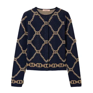 Giacca in maglia jacquard blu con catene