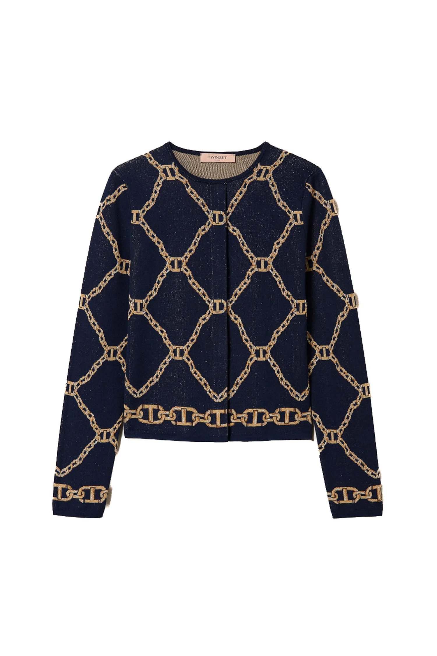 Giacca in maglia jacquard blu con catene - immagine 2