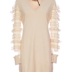 Abito corto avorio in maglia con maniche in tulle