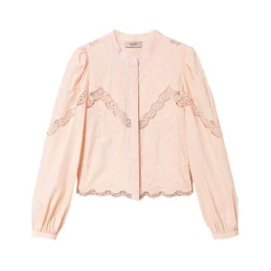 Camicia rosa pesca con ricami a fiori