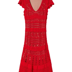 Abito corto corallo in maglia effetto pizzo