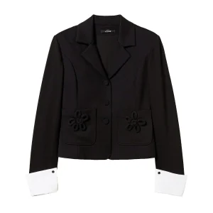 Giacca blazer nera con spilla a fiore