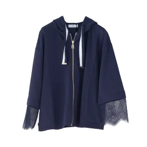 Felpa regular lunga blu con pizzo sulle maniche