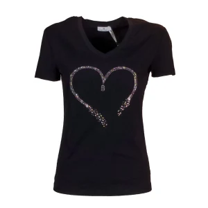 T-shirt regular nera in jersey con strass