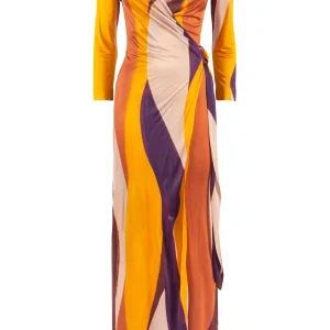 Abito “Arezzo” paprika con stampa ad onde e scollo a V