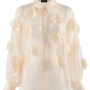 Camicia “Fru” crema trasparente con applicazioni floreali
