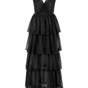 Abito “Toledo” nero in maglia con balze in pizzo