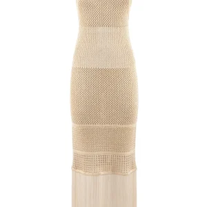 Abito “Tua” oro in maglia lurex a rete e frange