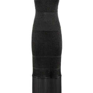 Abito “Tua” nero in maglia lurex a rete e frange
