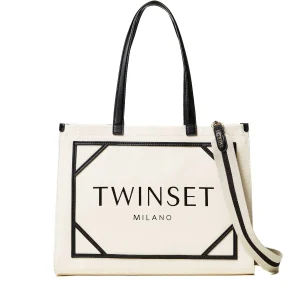 Borsa shopper madreperla in canvas con logo