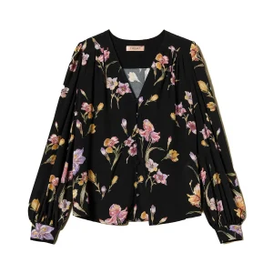 Camicia nera in crêpe de Chine a fiori