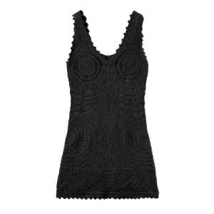 Abito corto smanicato nero in maglia crochet